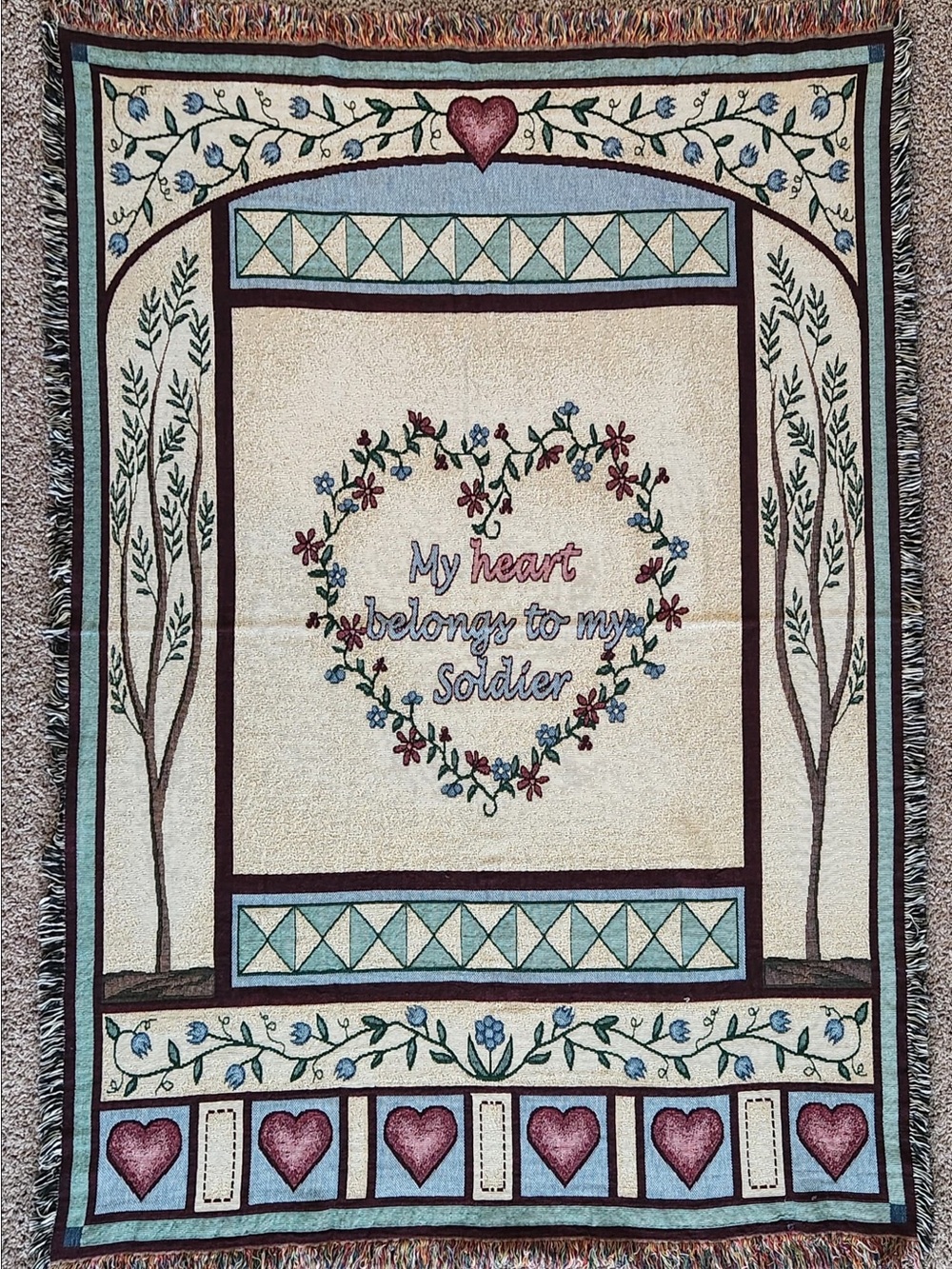 “My Heart Belongs to My Soldier” Heart & Floral Woven Throw/blanket